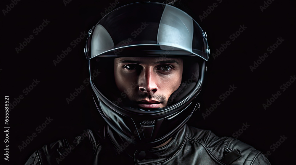 A handsome man in motorcycle helmet. Generative Ai