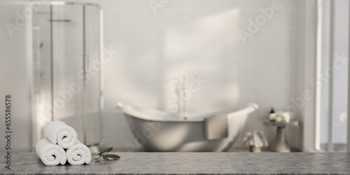 Minimal style white bathroom 3d render, white wall and ceramic floor, The room has large windows. 3d render