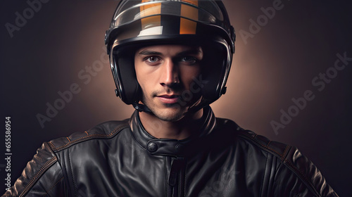 Portrait of A smiling male biker in leather jacket and motorcycle helmet looking at camera. karting sport concept. Generative Ai
