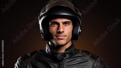 Portrait of A smiling male biker in leather jacket and motorcycle helmet looking at camera. karting sport concept. Generative Ai © tong2530