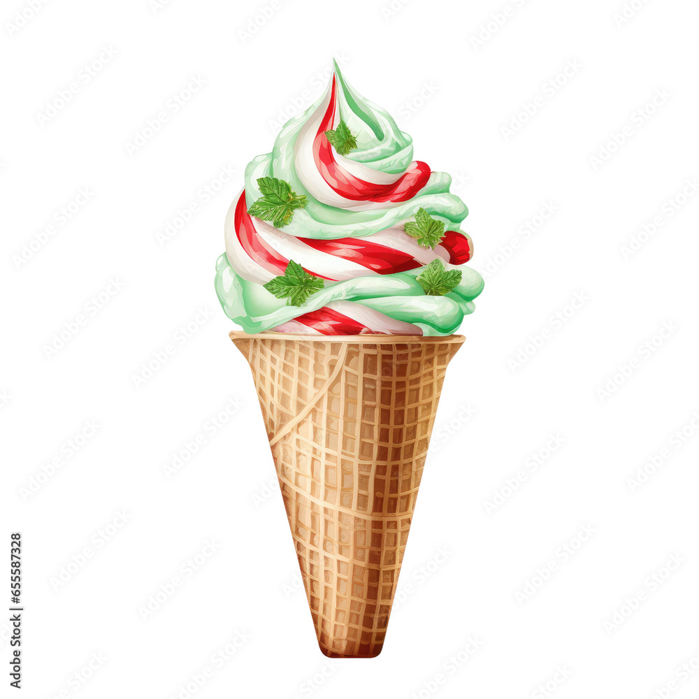 Watercolor Peppermint Ice Cream Christmas Dessert (AI Generated)