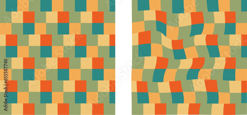 Collection of retro checkerboard backgrounds featuring vivid hues. A groovy and psychedelic chessboard pattern inspired by the 60s and 70s. Perfect for print templates, textiles, or as a vector wallpa