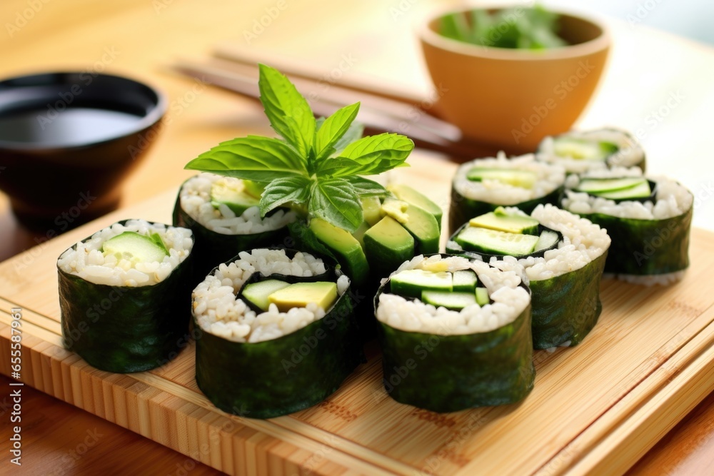 vegan sushi rolls with cucumber, avocado on bamboo mat vegan sushi rolls with cucumber, avocado on bamboo mat