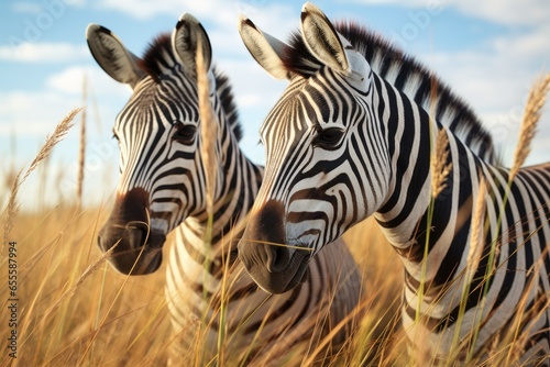 two zebras grazing together in a grassland