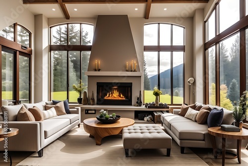 Beautiful Living Room in New Luxury Home with Fireplace and Roaring Fire. Large Bank of Windows Hints at Exterior View (3)