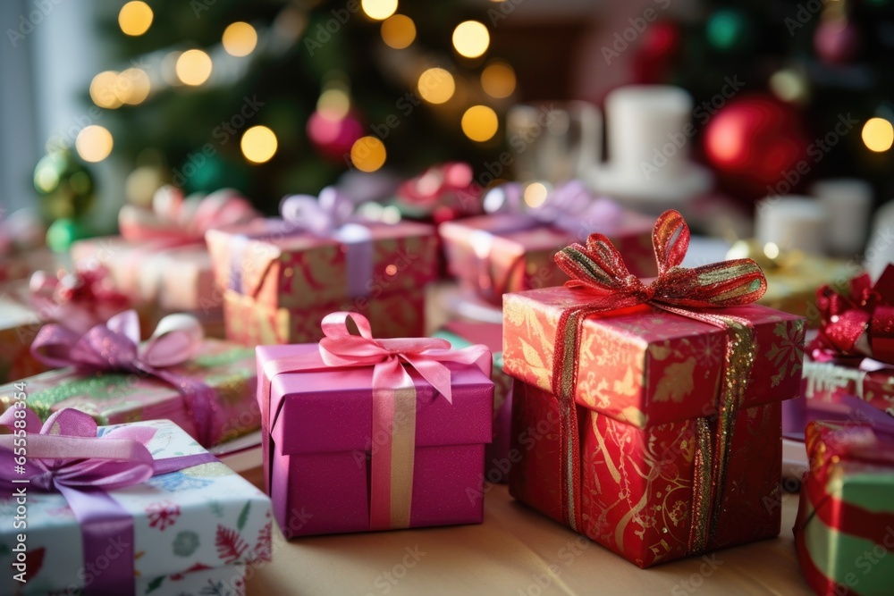 brightly wrapped gift boxes on a festively decorated table brightly wrapped gift boxes on a festively decorated table