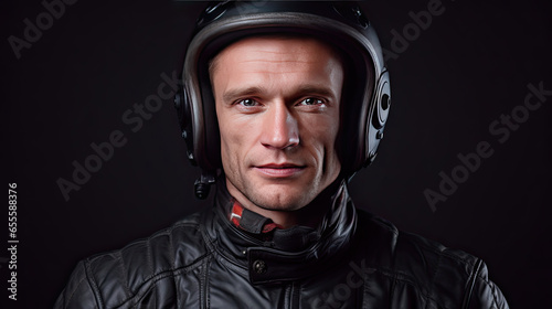 Portrait of A smiling male biker in leather jacket and motorcycle helmet looking at camera. karting sport concept. Generative Ai