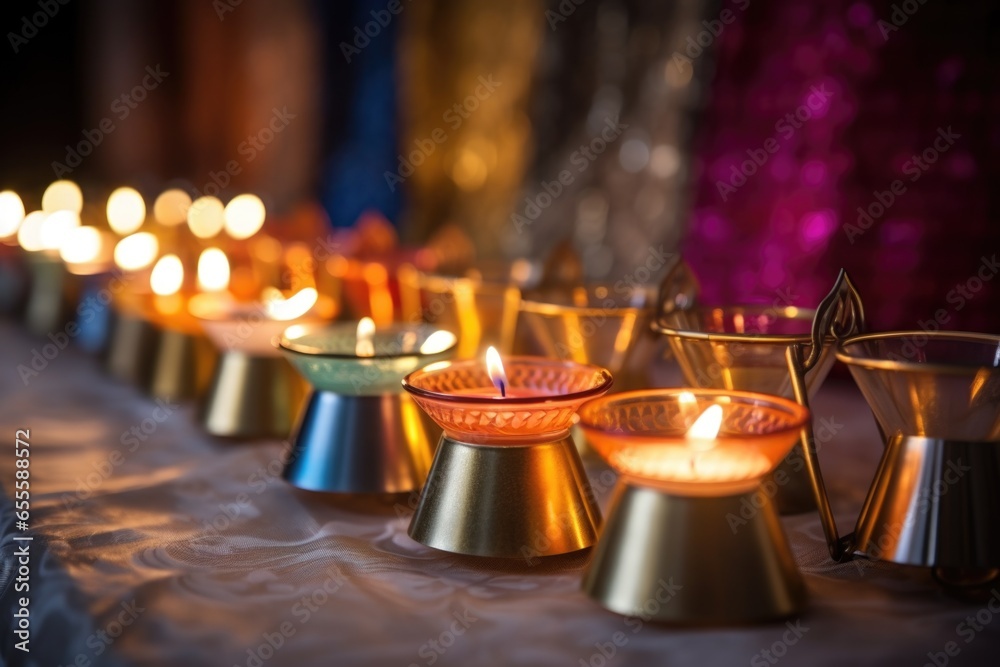 close-up of a kinara holder with candles of differing heights - obrazy, fototapety, plakaty 