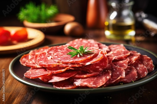 carefully portioned salami slices on a plate