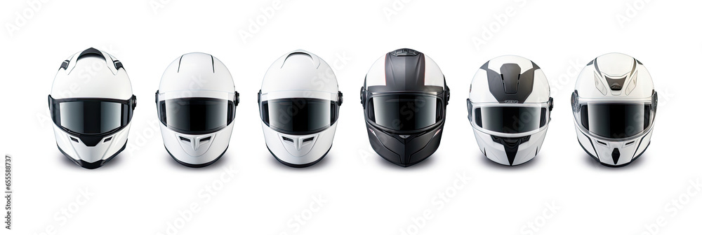 Set collection of White motorcycle carbon integral crash helmet isolated on white background. Generative Ai - obrazy, fototapety, plakaty 