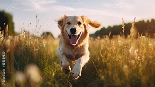Golden Retriever Dogs running, playing, and jumping in the meadow