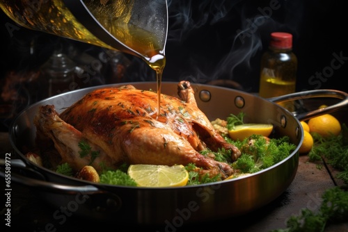 turkey basting in its own juices in a pan photo