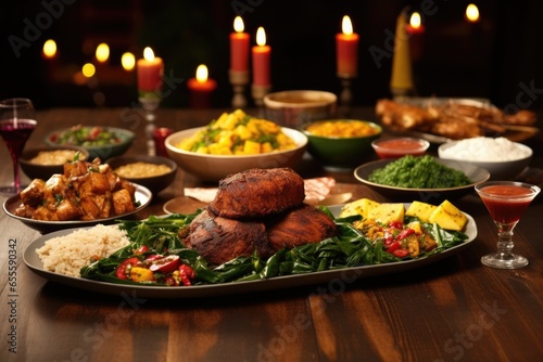kwanzaa feast beautifully garnished on wooden table