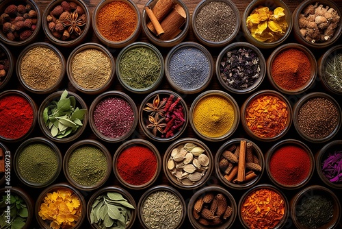 Assorted spices and herbs, vibrant condiments as backdrop, from a top perspective. Abundance of seasonings in cups on a table. Generative AI photo