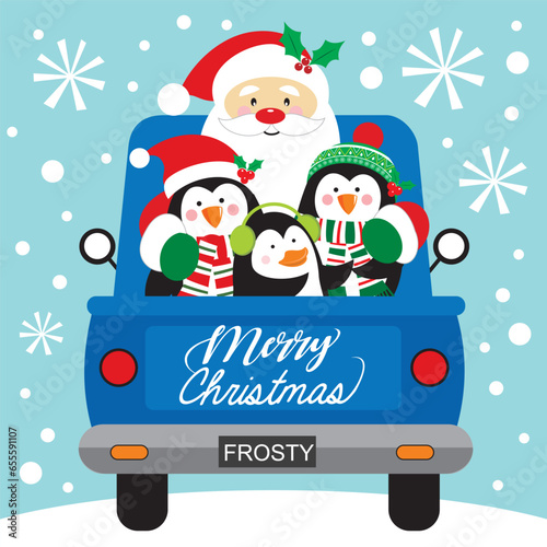 christmas card with santa claus and penguins on the car