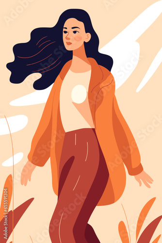 Vector illustration of a beautiful woman in a warm coat walking in the park.