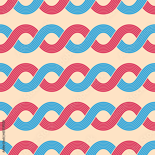 Interlacing wavy lines seamless vector pattern. Modern stylish geometric background. Color vector pattern. Interwoven blue and red wavy lines, stripes.