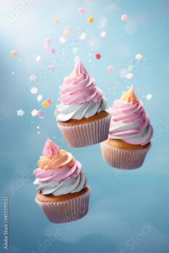 Tasty falling cupcakes on blue background. Vertical, commercial, levitation