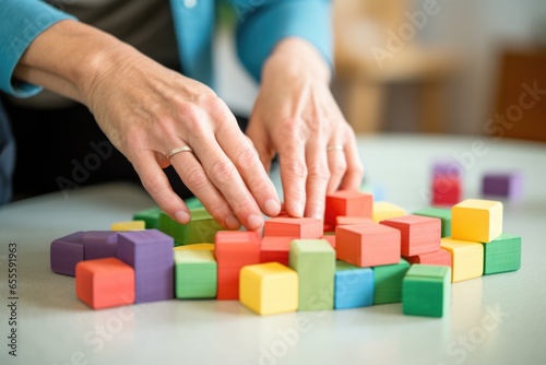 a hand hovering over colored blocks used for therapy