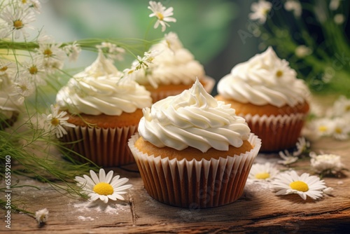 Cupcakes with cream decorated with chamomile flowers