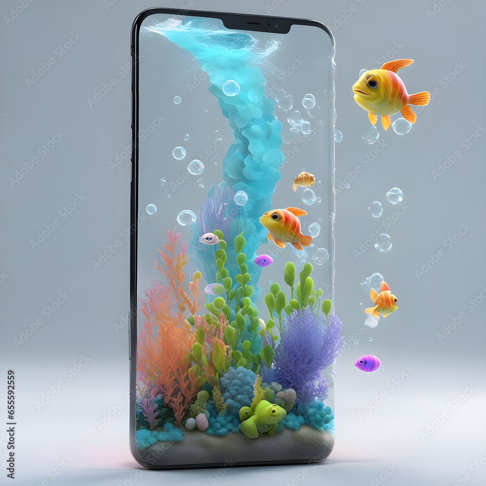 Naklejka premium Smartphone with rainbow water plants fish bubbles seaweed clouds coming out of the screen