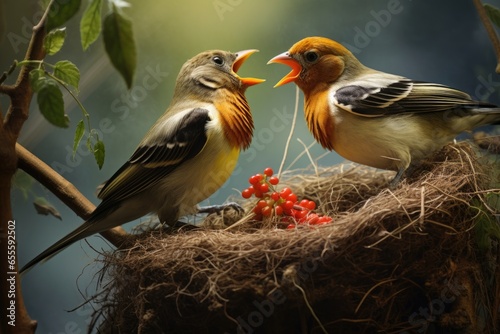 two birds feeding their chicks in a nest © altitudevisual