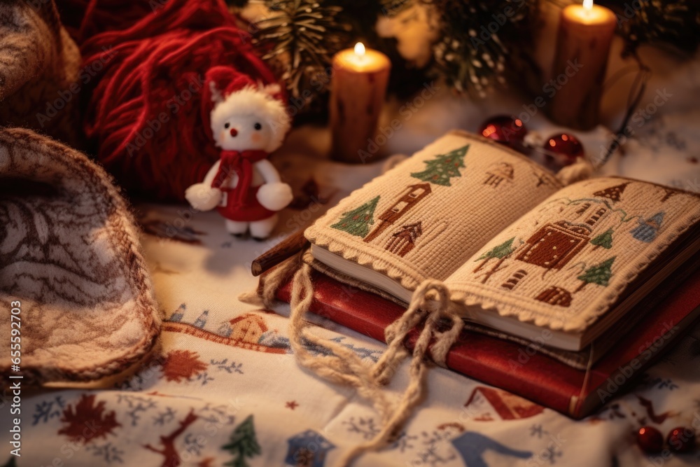 a close up shot of a christmas storybook on a lovingly knit blanket