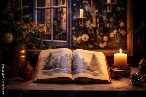 christmas storybook opened next to a lit candle photo