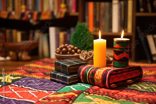 kwanzaa literature near colorful african patchwork quilt