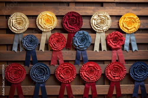 rosettes for horse competitions neatly arranged on a wooden panel photo