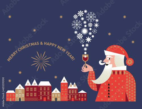 Christmas and New Year Greeting card. Gift card, label design. Funny Santa Claus with glass of champagne