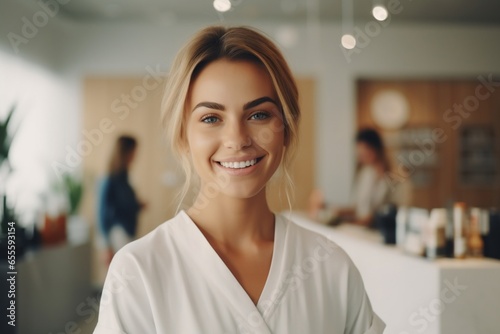 A beautiful smiling manager against the background of a bright spa salon.