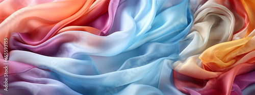 Silk background texture. Flying colorful iridescent clothes. Wavy folded bright organza, shiffon fabric. Ai generated photo