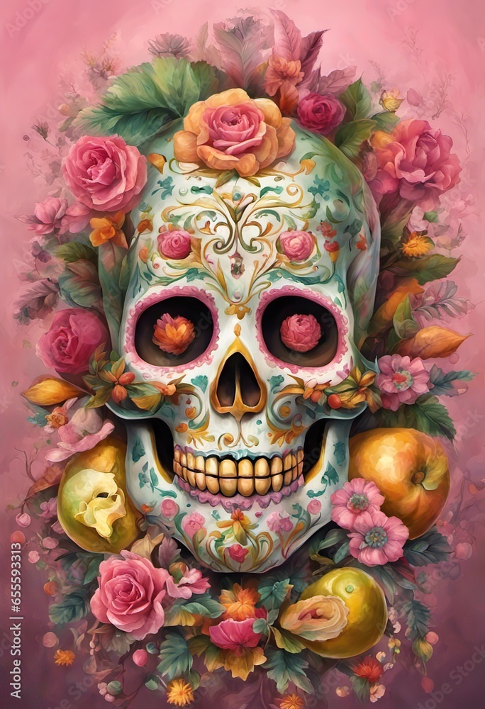 Feast of Dia de los Muertos, skull and flowers. With Generative AI technology
