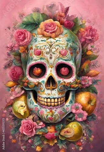 Feast of Dia de los Muertos, skull and flowers. With Generative AI technology