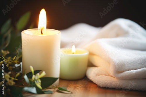 close-up of a lit scented candle next to a bath towel