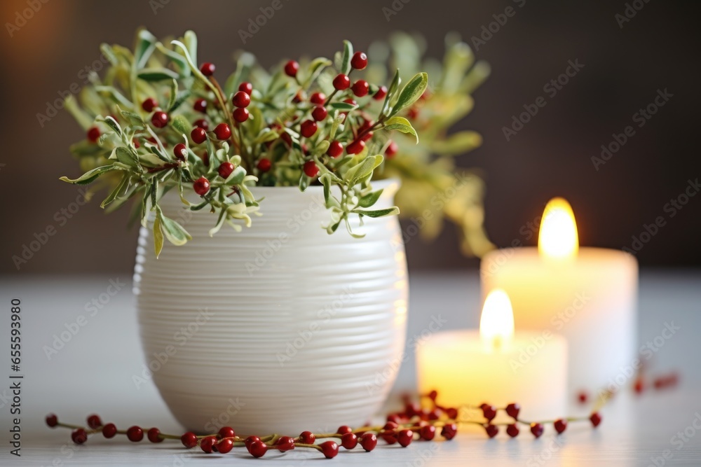 mistletoe in a white ceramic jar with christmas candles