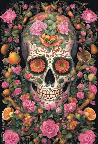 skull with flowers on a colored background. creative concept. magic surreal image. atmosphere witch ritual