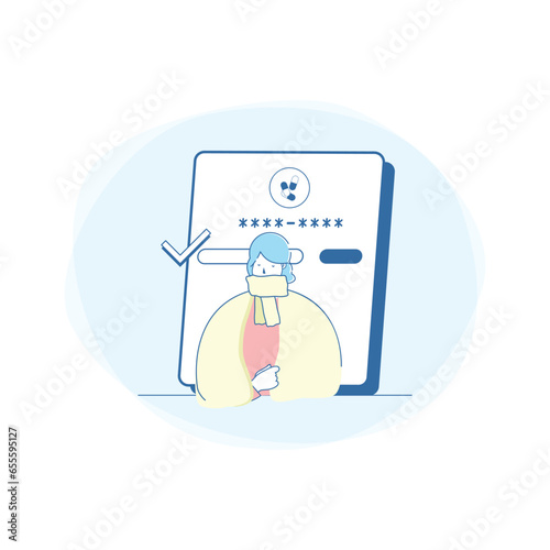 Influenze patient with speech bubbles. Sickness women in online registration looking for hospital threatment in flat design photo