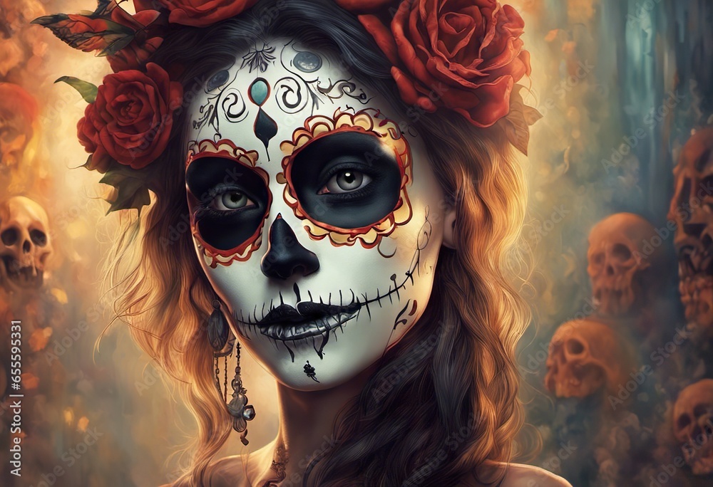 Dia de los muertos. Day of the Dead. Woman with sugar skull makeup on a floral background. Calavera Catrina. Halloween.