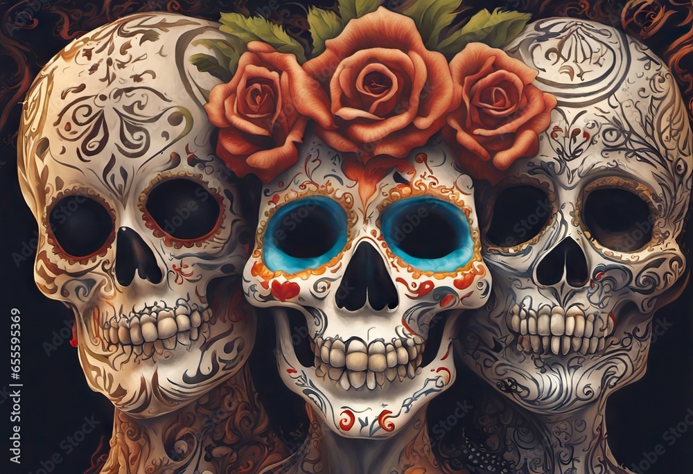 Mexican woman with day of the dead makeup, flowers and skull, mexico holiday