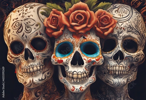 Mexican woman with day of the dead makeup, flowers and skull, mexico holiday © Екатерина Переславце