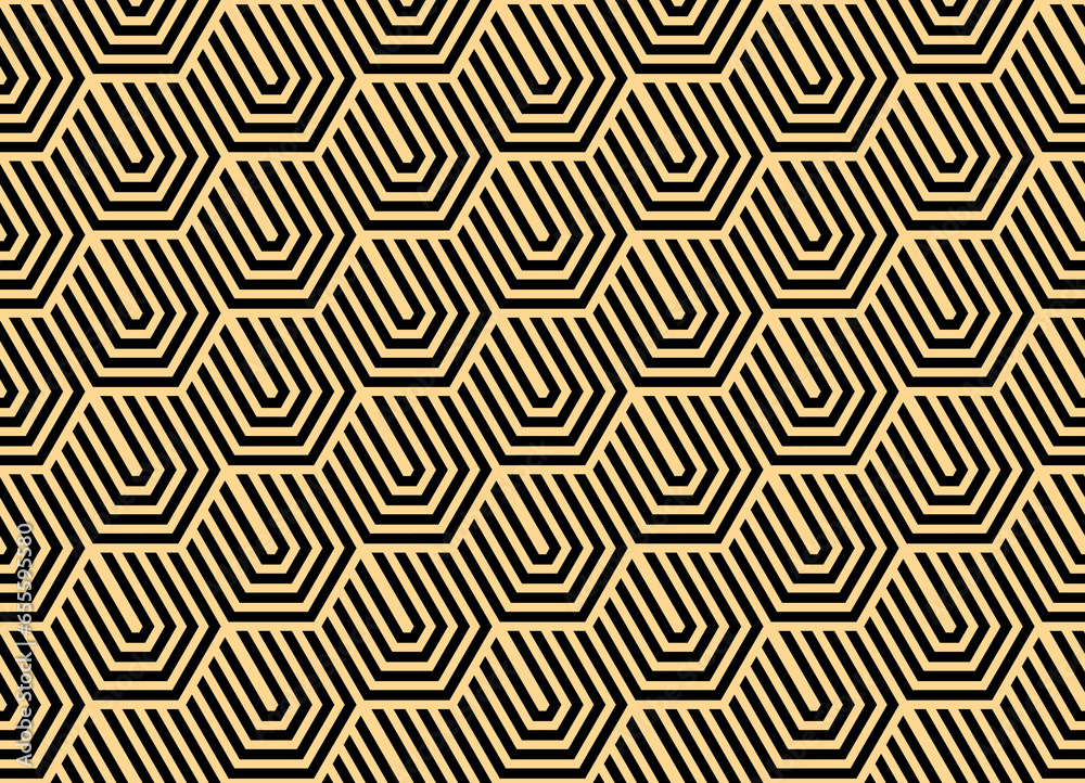 Abstract geometric pattern with stripes, lines. Seamless vector background. Gold and black ornament. Simple lattice graphic design Abstract geometric pattern with stripes, lines. Seamless vector background. Gold and black ornament. Simple lattice graphic design