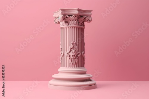 Isolated ancient column on pink background, Greek pillar platform. Generative AI
