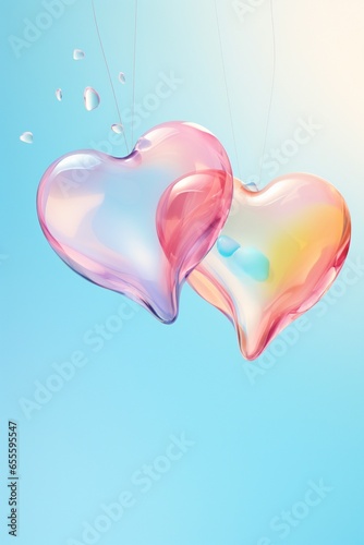 Two colored pastel hearts on a blue background levitating. transparent hearts on a blue vertical background.