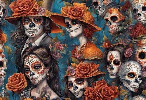 Portrait girl with sugar skull makeup over background. Calavera Catrina. Dia de los muertos. Day Dead. Halloween © Екатерина Переславце