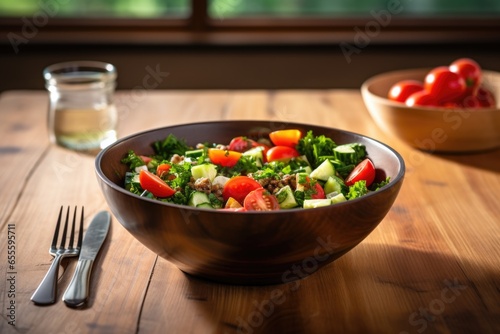 healthy salad bowl with fork on a wooden table