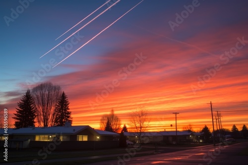 solstice sunrise with plane trails in the sky