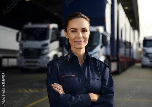 Young female transportation inspector standing with transport trucks. Product shipment concept. Generative AI