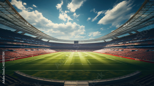 Wide angle of soccer stadium grass and empty playground. Crowdy tribunes with fans waiting teams. Illustration. AI Generative. concept of sport, championship, world cup, training, match. © Lustre Art Group 